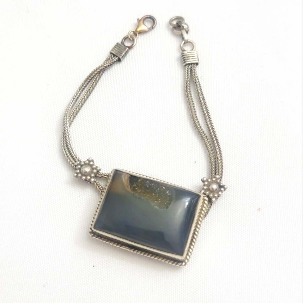 Vintage Single Druzy Stone 925 Sterling Silver Bracelet 8" Inch